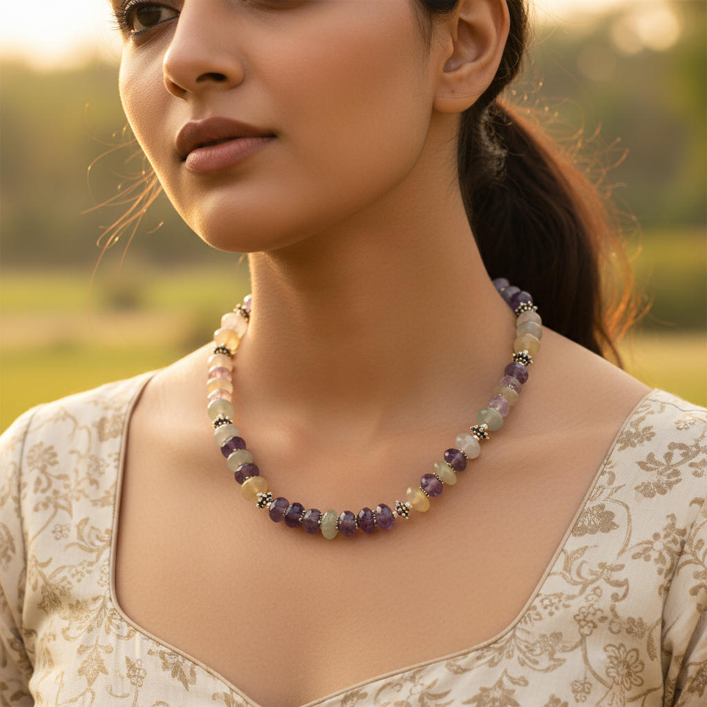 Gemstone Beaded Necklace | Purple & Green Stone Jewelry | Gift