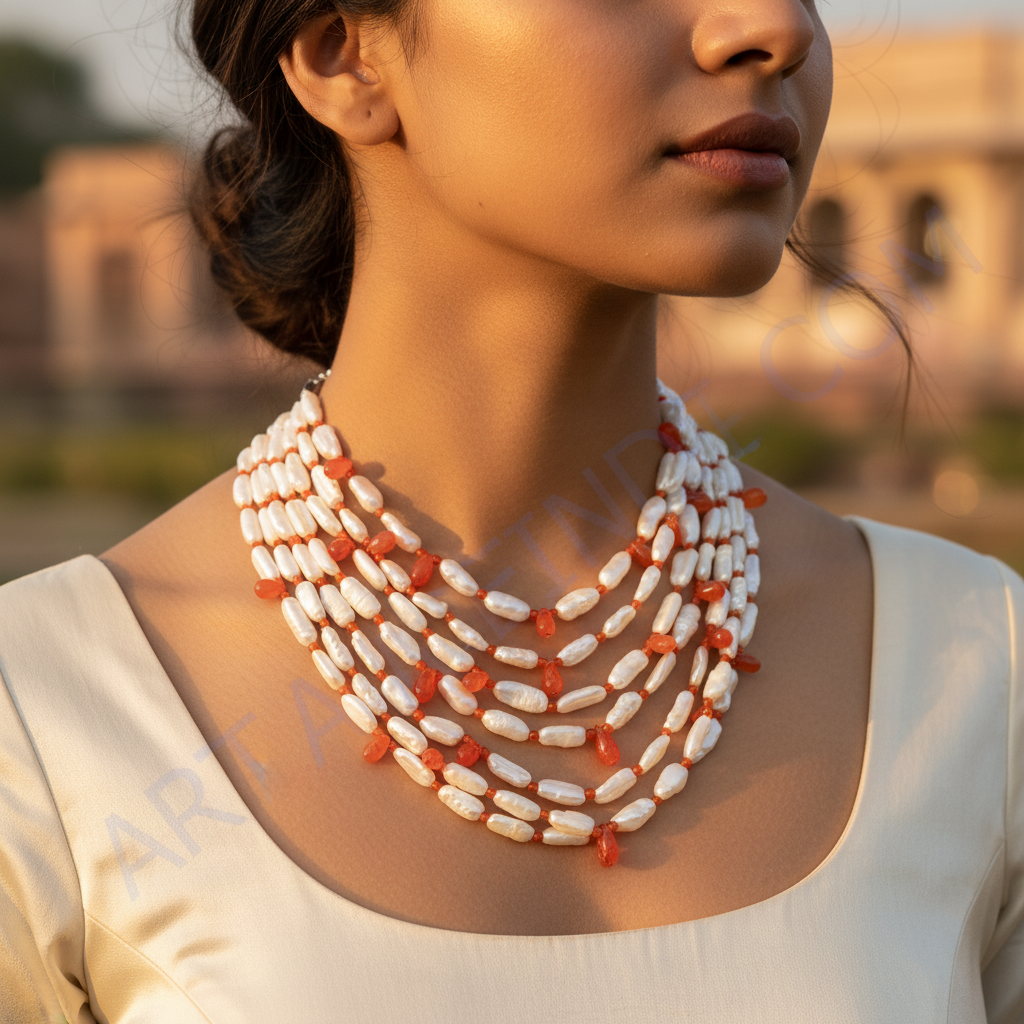 Multi strand pearl & coral necklace for women | statement jewelry