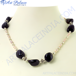 Load image into Gallery viewer, Gemstone beaded necklace with dark polished stones, pearl accents, and a silver chain, perfect for women&#39;s fashion jewelry.
