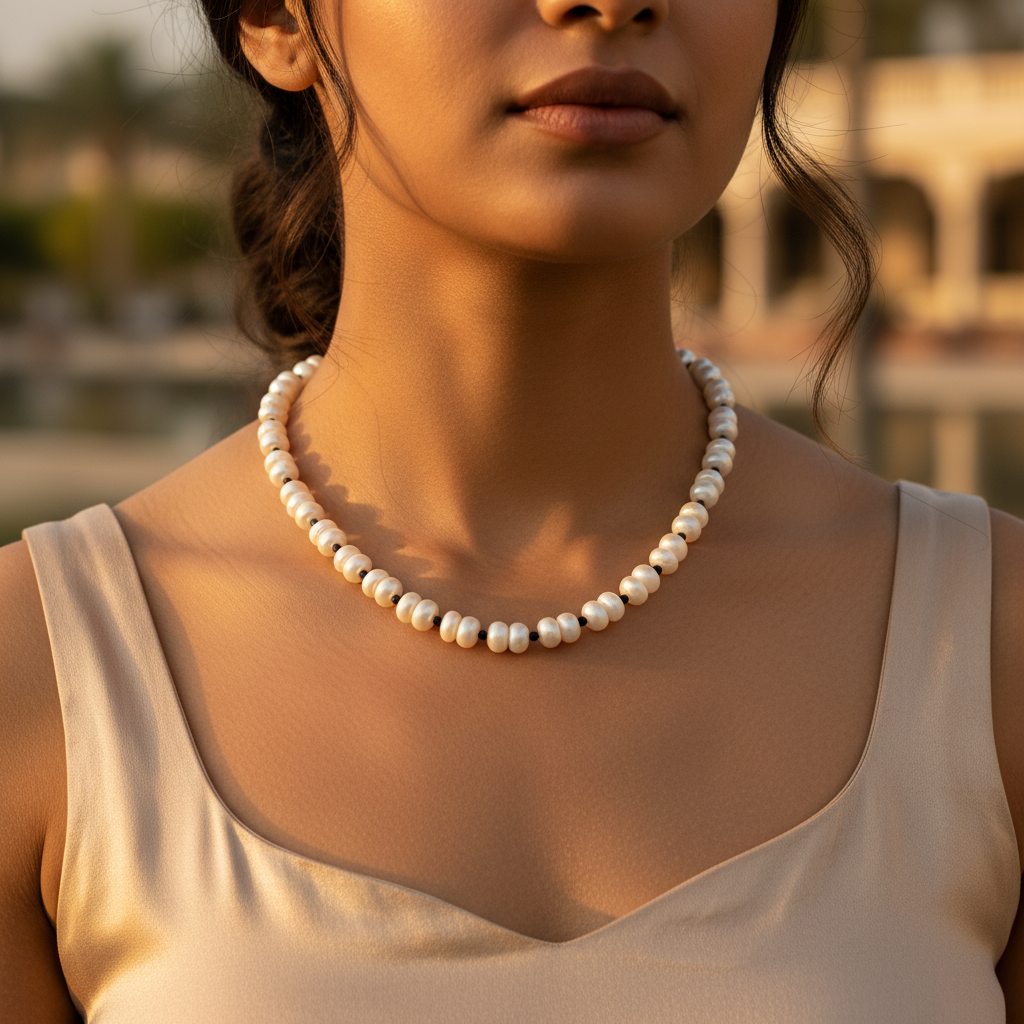 Freshwater Pearl Necklace with Black Onyx Beads for Women