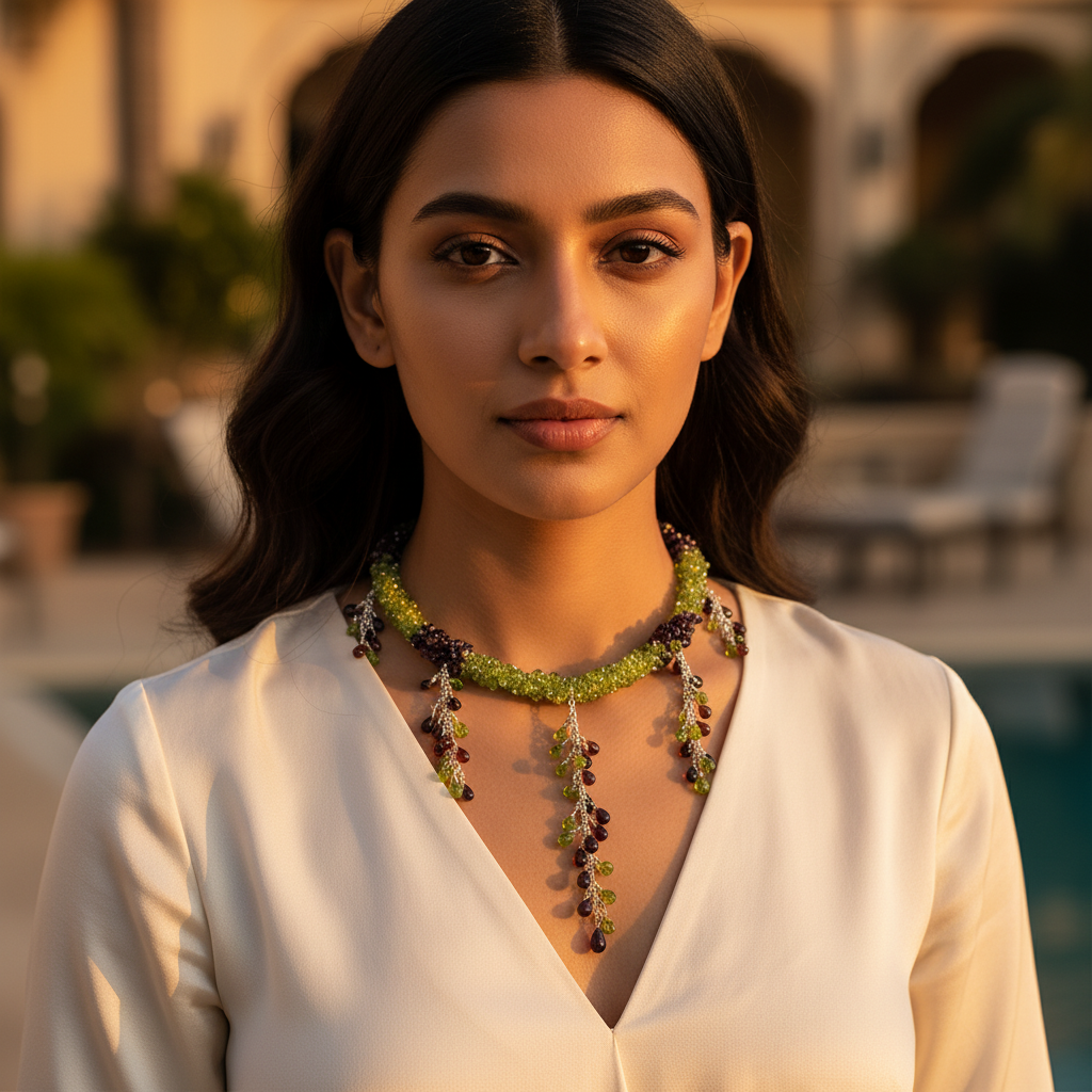Green Peridot & Garnet Beaded Necklace for Women | Unique Jewelry
