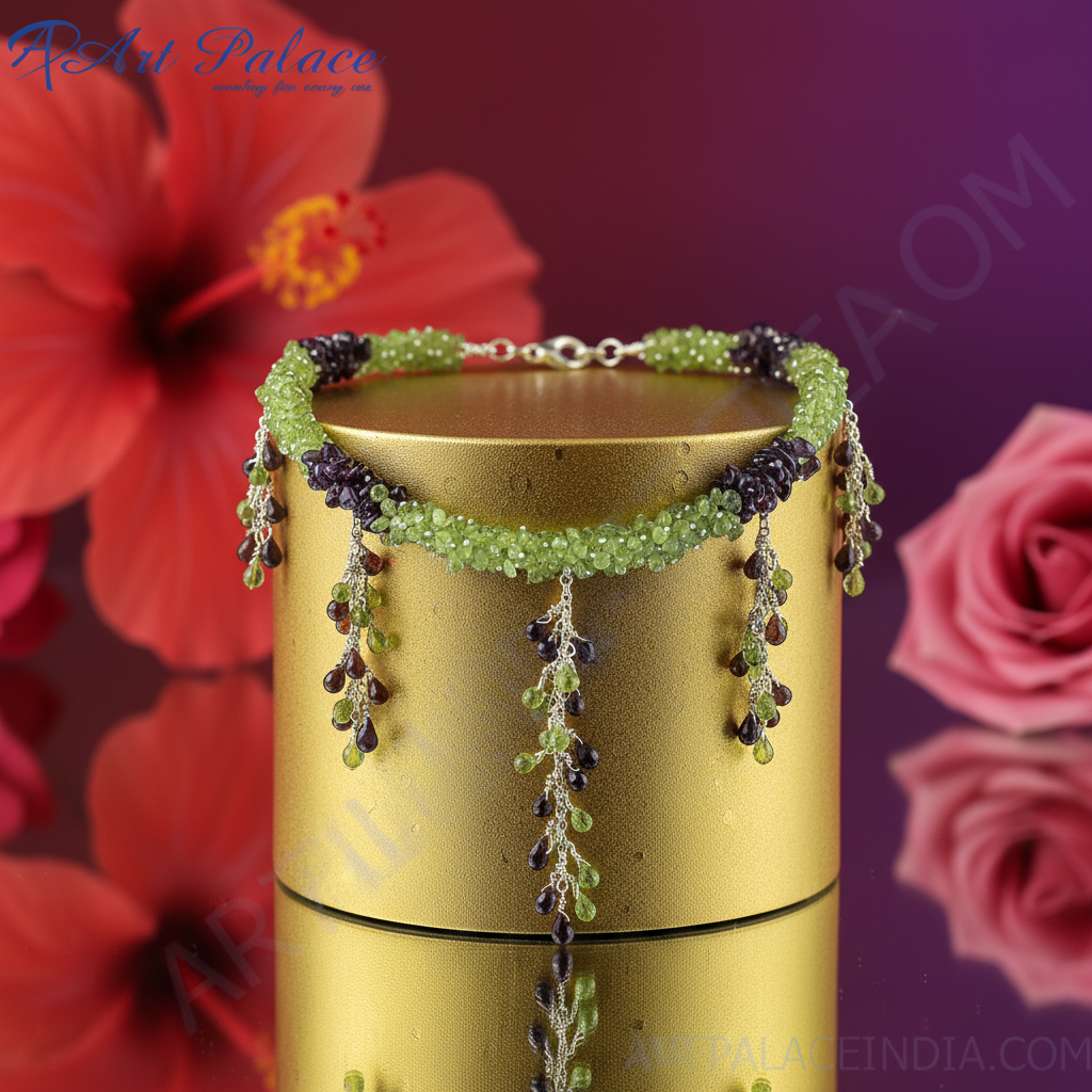 Green peridot & garnet beaded necklace for women | unique jewelry