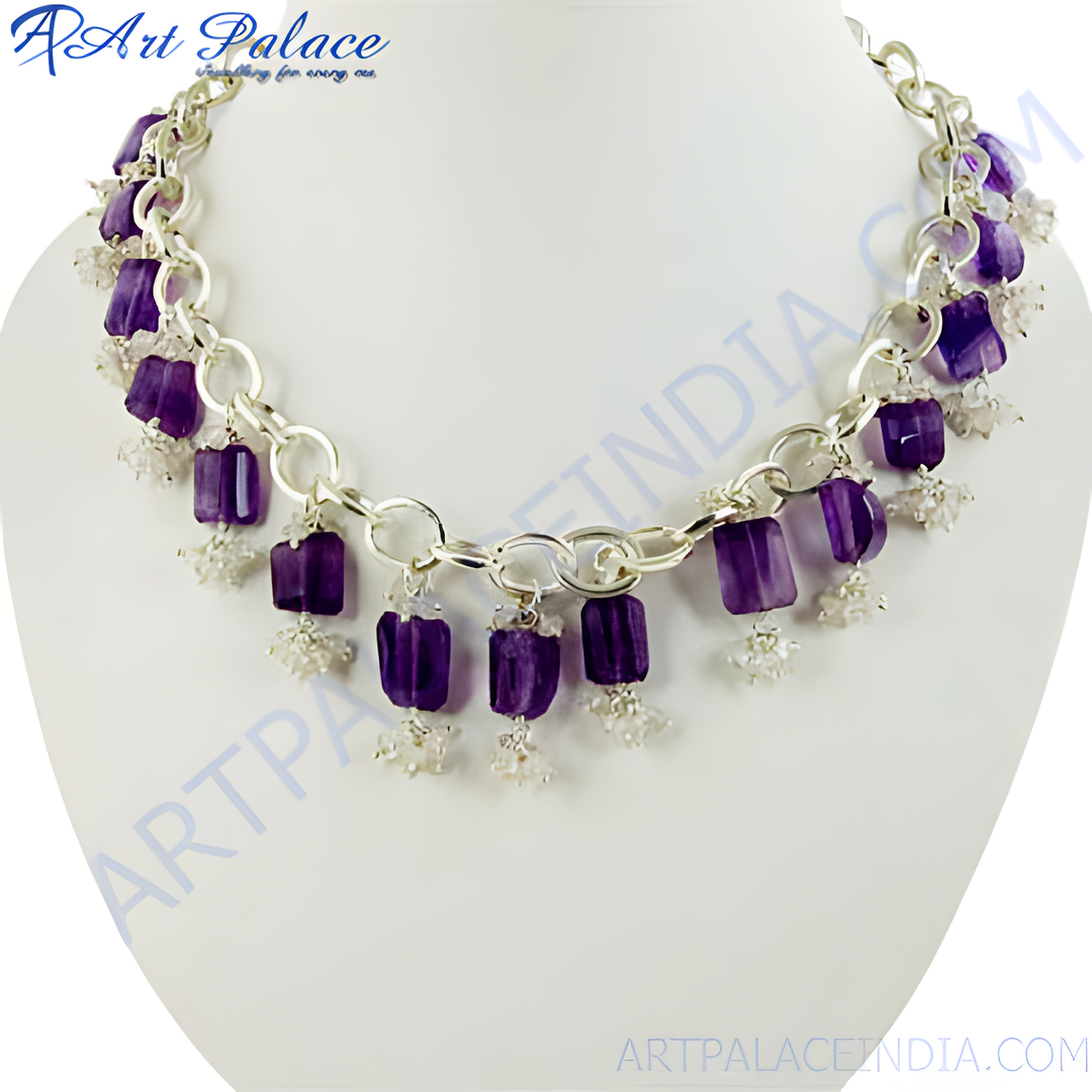 Silver choker necklace with rectangular amethyst gemstones suspended from a chain, purple and silver jewelry