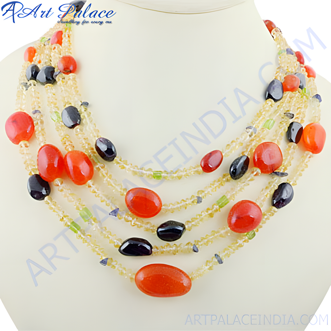 Multi-strand necklace featuring red and black gemstones strung on a delicate chain, ideal for fashion-forward wear.