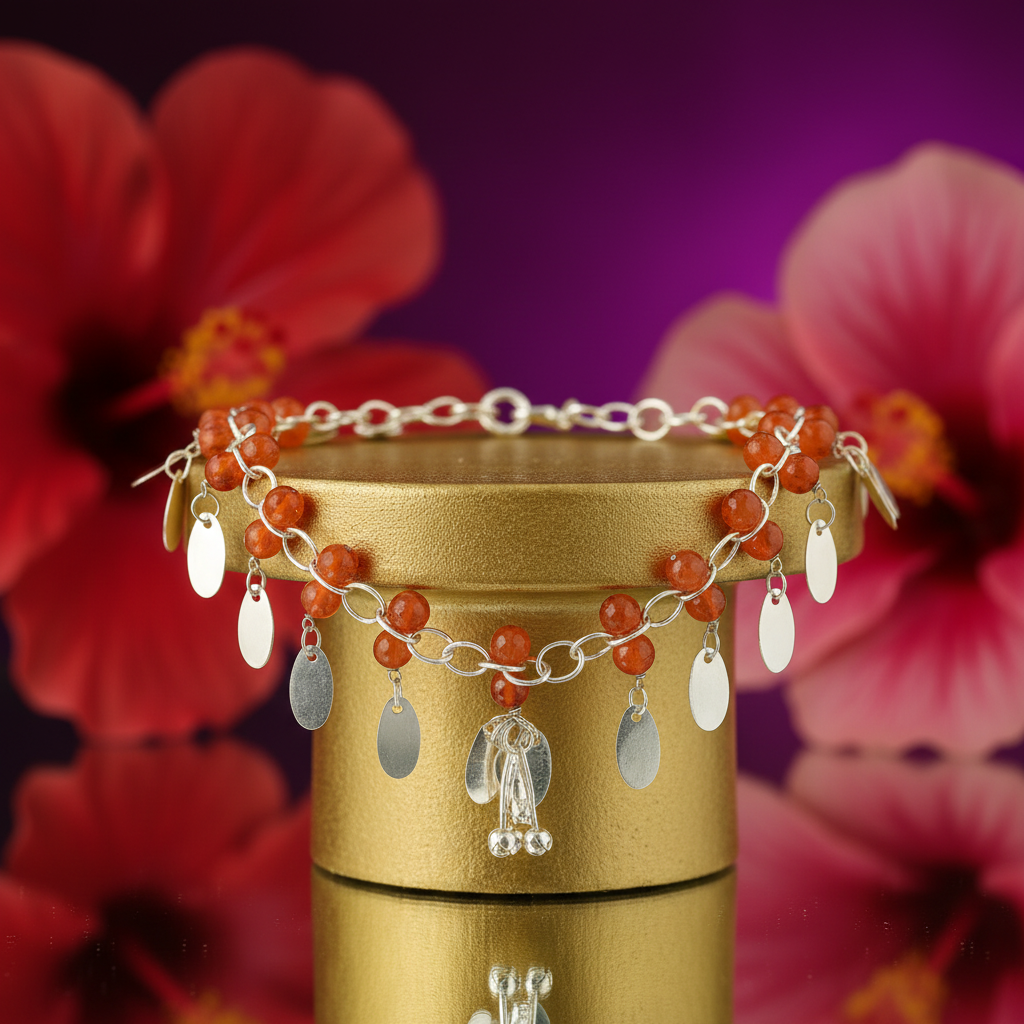 Silver Beaded Necklace with Orange Gemstones | Women's Jewelry