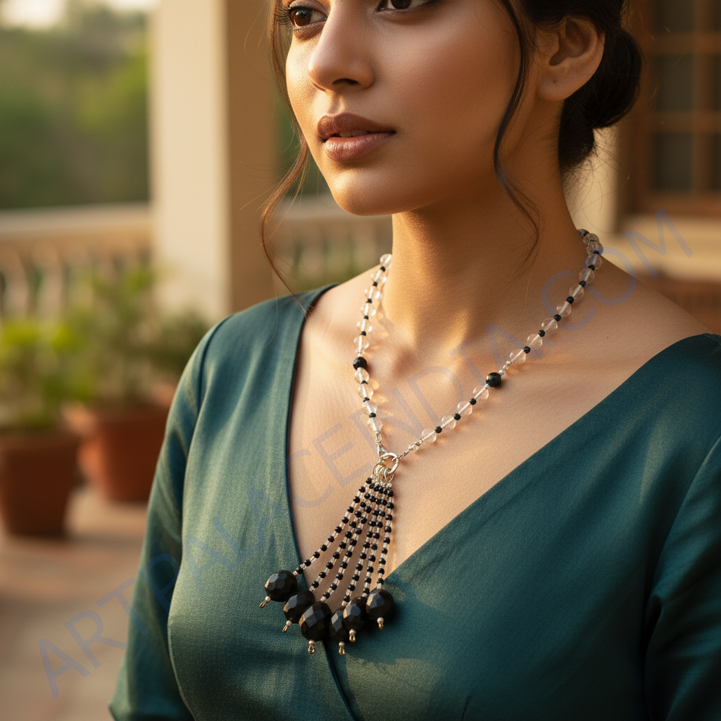 Clear Quartz & Onyx Bead Tassel Necklace | Art Palace Jewelry