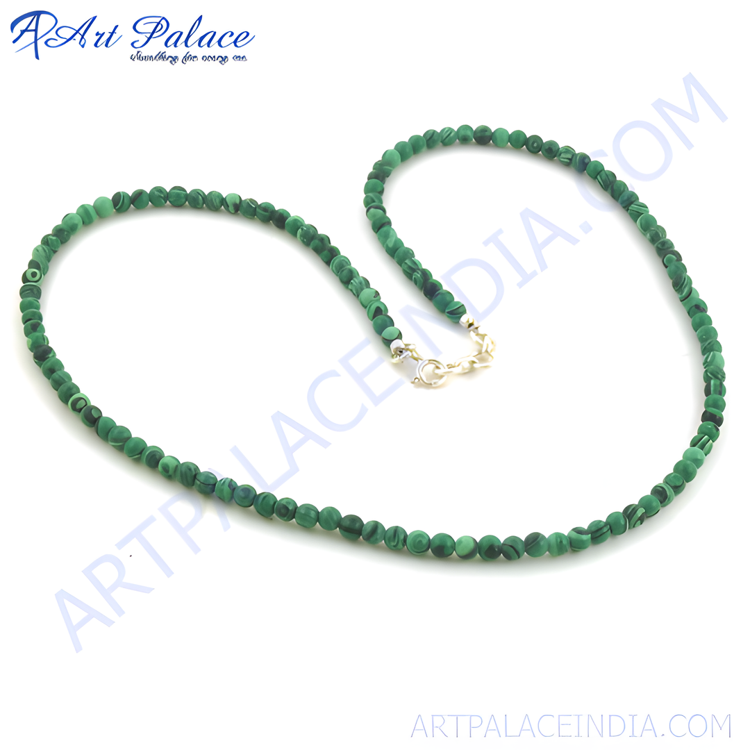 Malachite bead necklace with green beads and a silver clasp, perfect for daily wear.