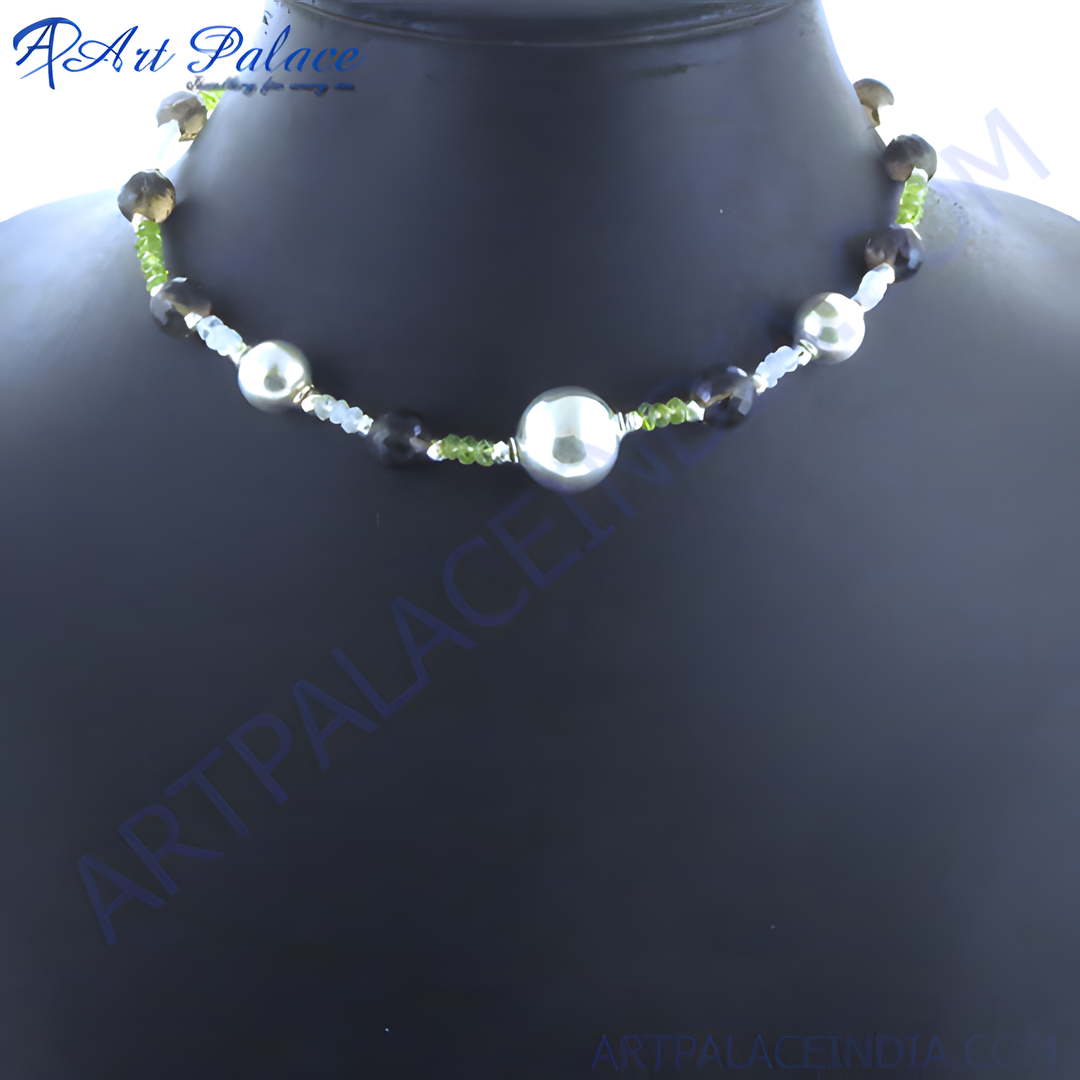 Silver beaded gemstone necklace featuring various colorful stones on a black backdrop.