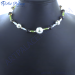 Load image into Gallery viewer, Silver beaded gemstone necklace featuring various colorful stones on a black backdrop.
