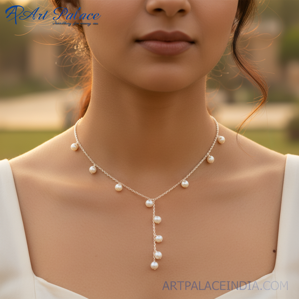 Silver Pearl Y Necklace for Women | Elegant Party Jewelry Gift