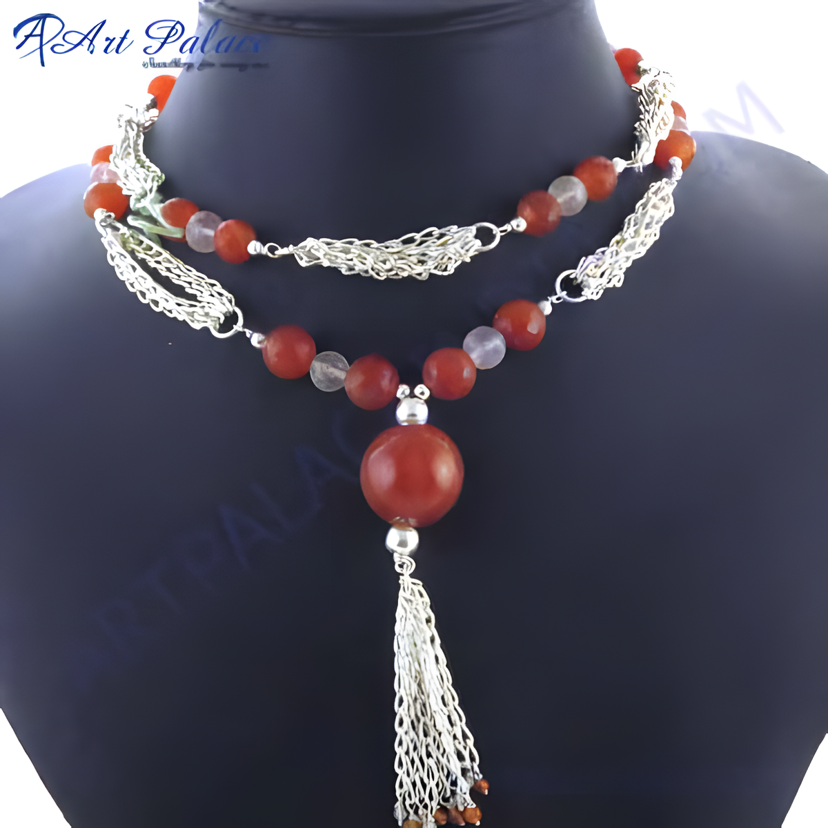 Silver tassel necklace with carnelian gemstone beads, perfect for elegant wear