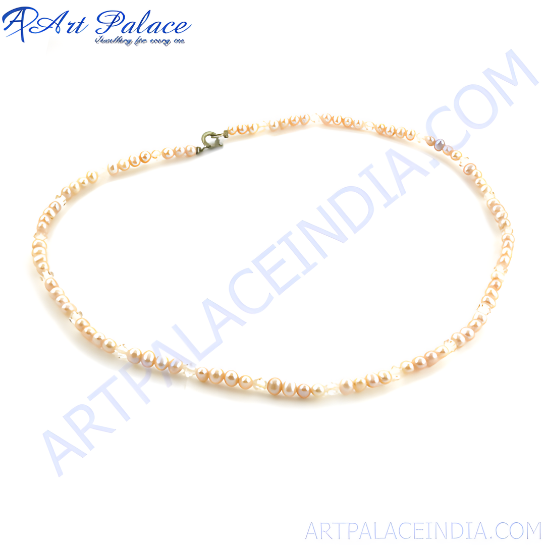 Beige freshwater pearl choker necklace with a delicate design on a white background.