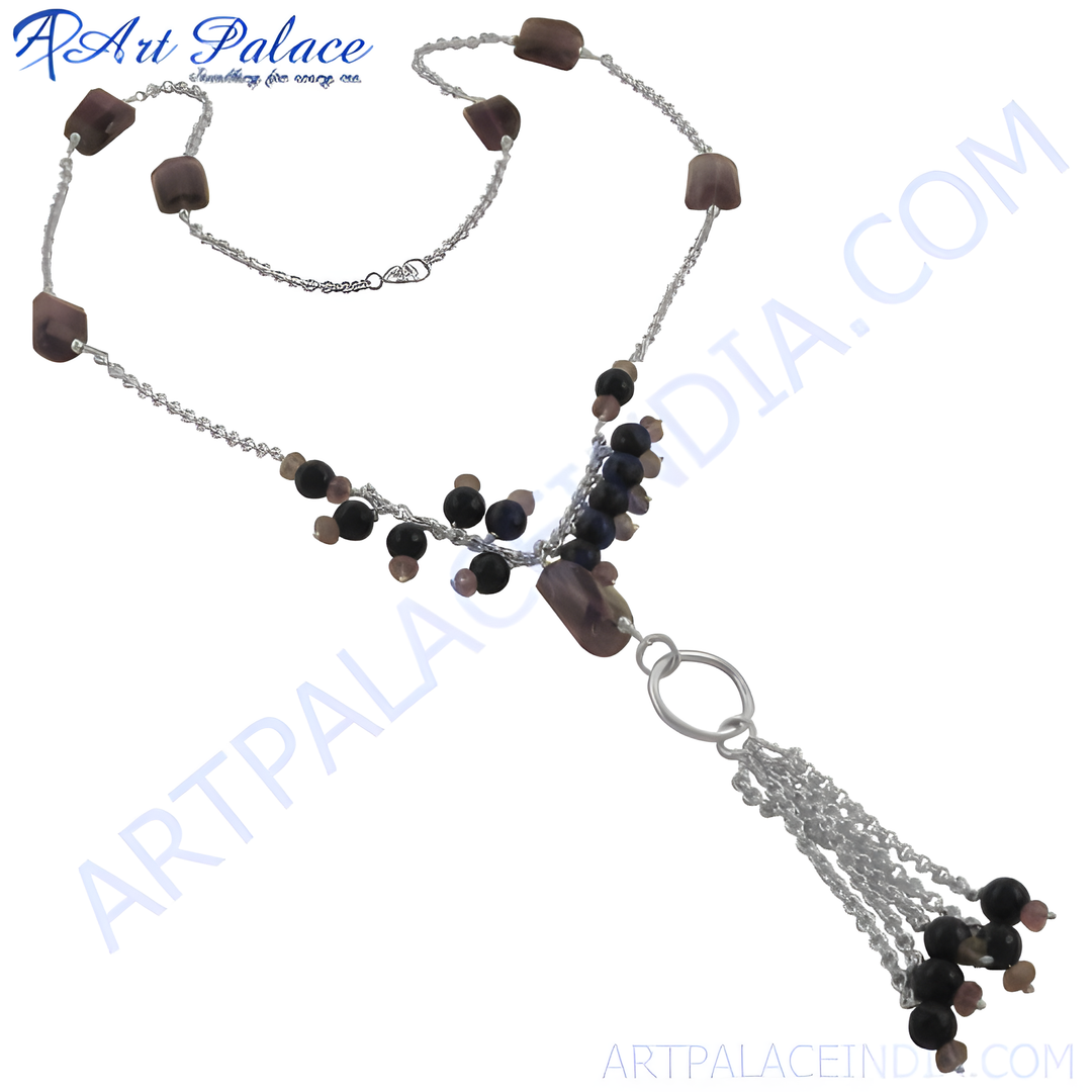 Silver necklace with gemstone beads and a stylish tassel design, perfect for any occasion.