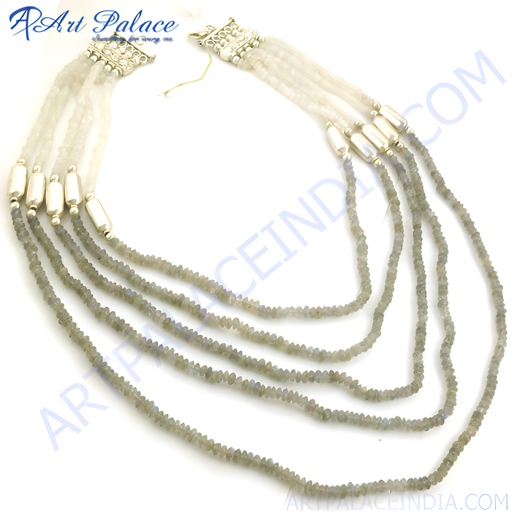 Multi-strand labradorite beaded necklace with silver accents, showcasing a variety of grey gemstones.