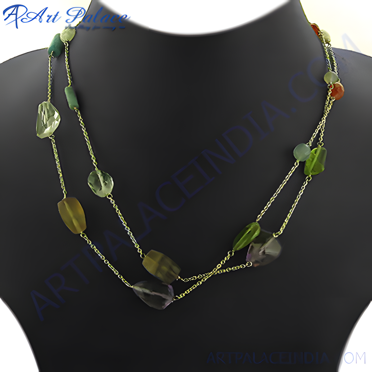 Colorful gemstone beaded necklace, featuring various semi precious stones strung on a delicate chain, displayed on a mannequin