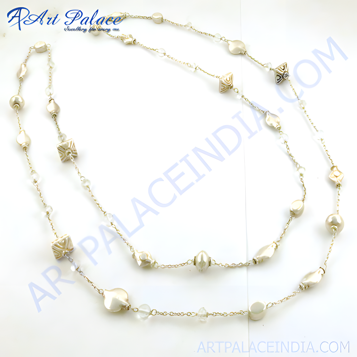 Gold plating chain beaded necklace with pearl beads