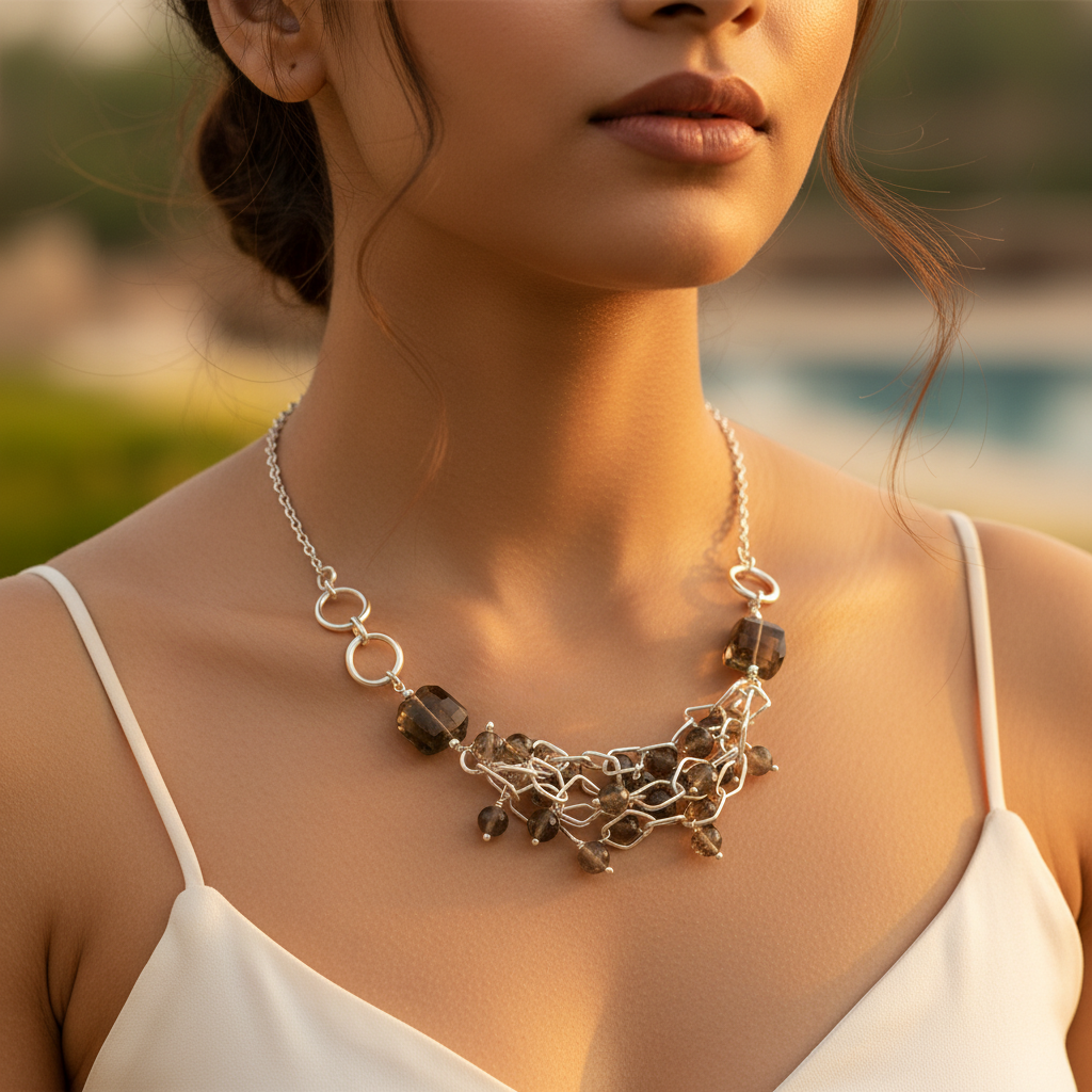 Smoky Quartz Cluster Silver Necklace for Women | Gift Jewelry