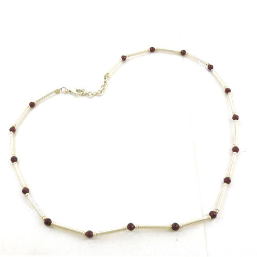 Silver Bead Bar Necklace | Red Gemstones | For Women