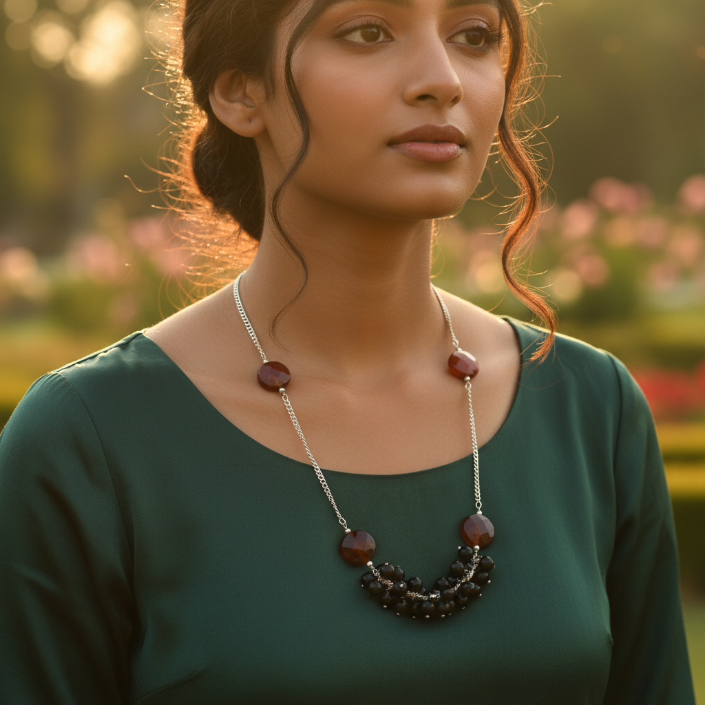 Silver Carnelian & Onyx Bead Necklace | Women's Fashion Jewelry