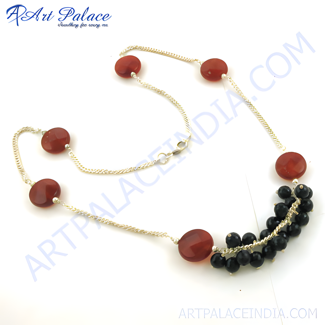 Sterling silver necklace featuring oval carnelian gemstones and black onyx beads for women.
