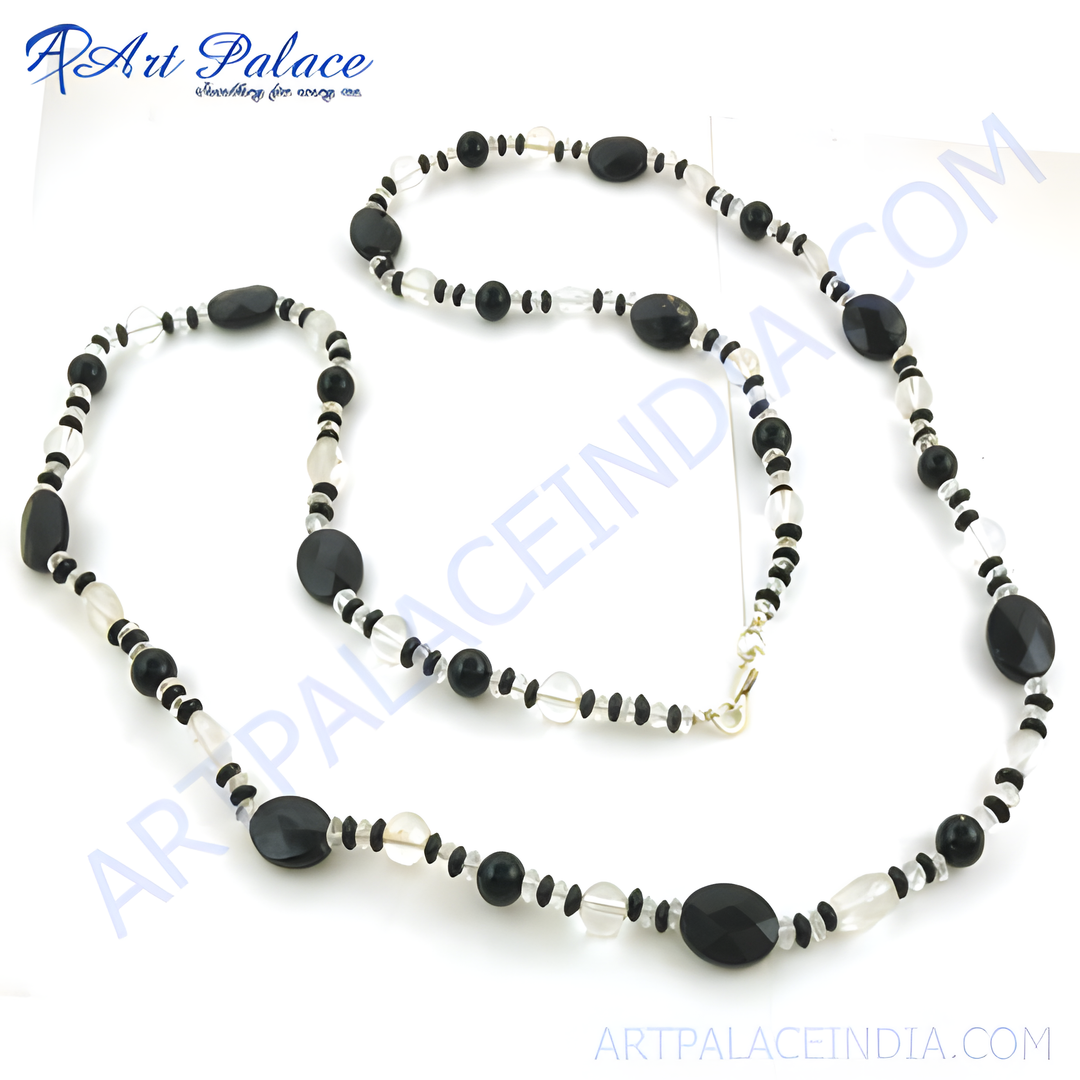 Elegant black onyx and crystal bead necklace, a long gemstone necklace for women.