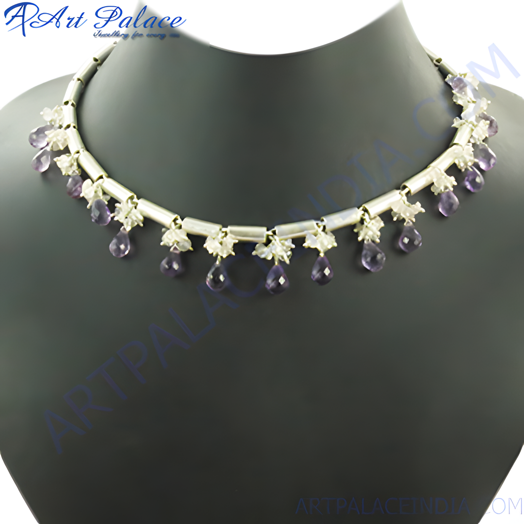Sterling silver necklace featuring amethyst drop pendants, perfect for women.