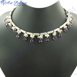 Load image into Gallery viewer, Sterling silver necklace featuring amethyst drop pendants, perfect for women.
