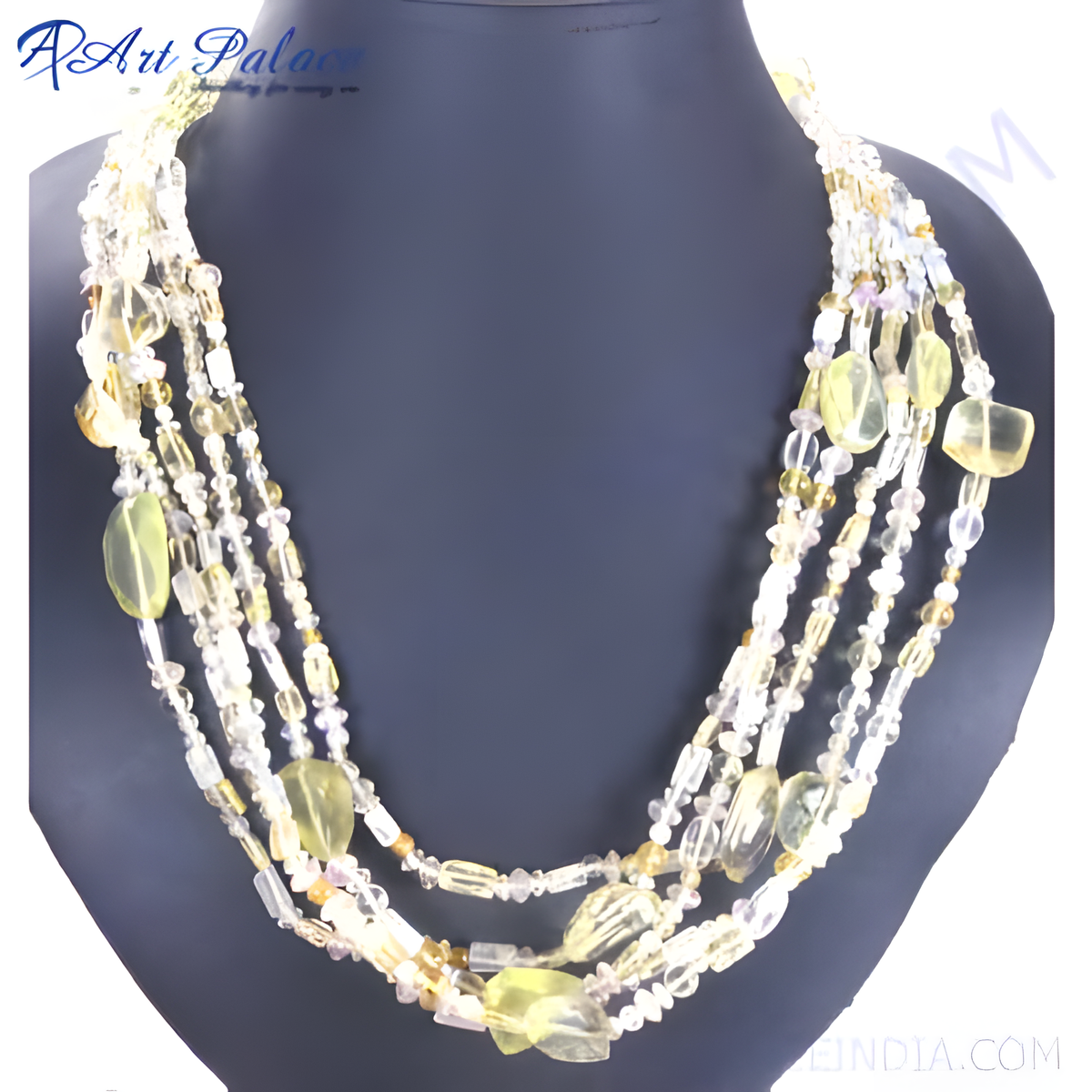 Multi strand necklace with yellow citrine beads on a dark background