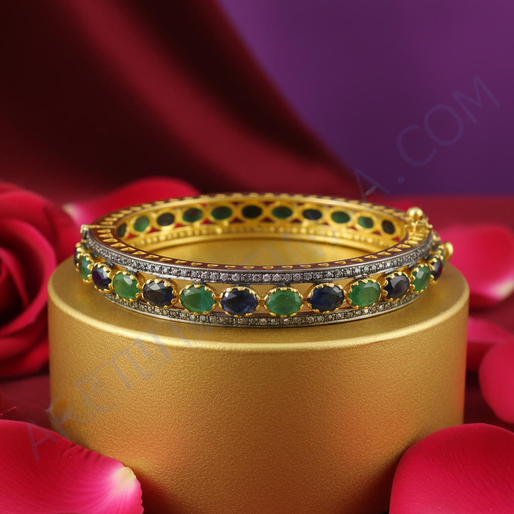 Gold Bangle Bracelet with Emeralds and Sapphires | Luxury Jewelry