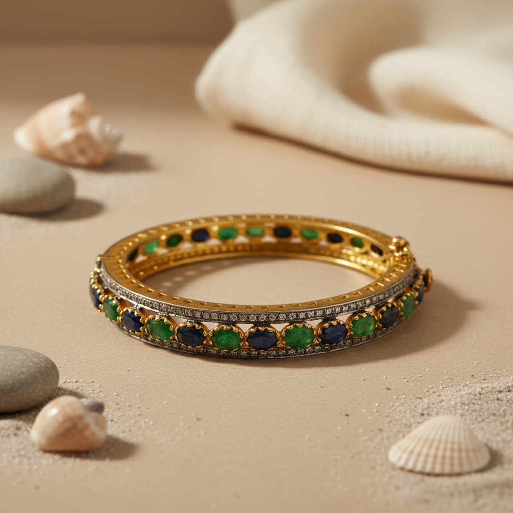 gold plating Bangle Bracelet with Emeralds and Sapphires | Luxury Jewelry