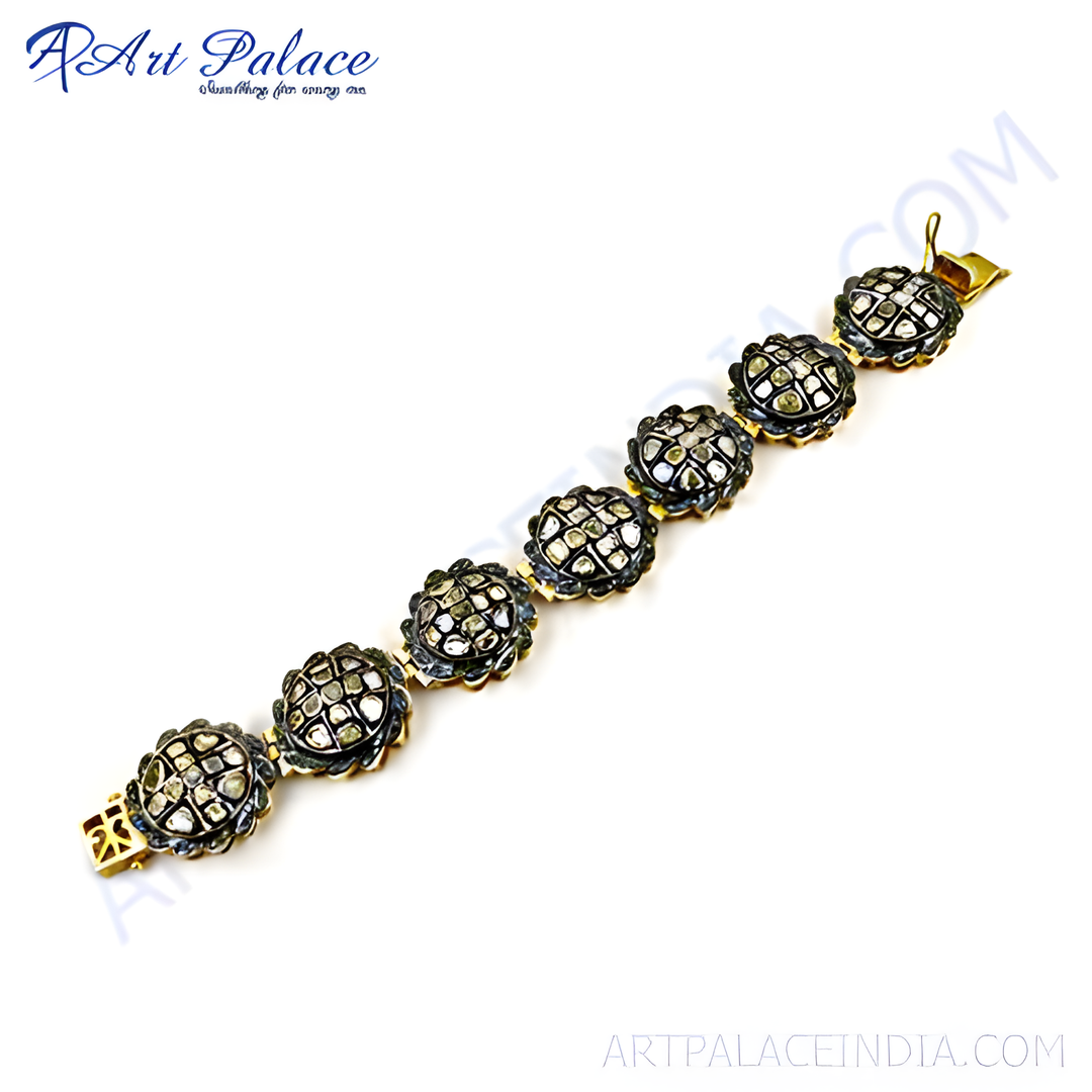 Gold and black diamond floral bracelet, designed for women, featuring a secure clasp and intricate detailing.