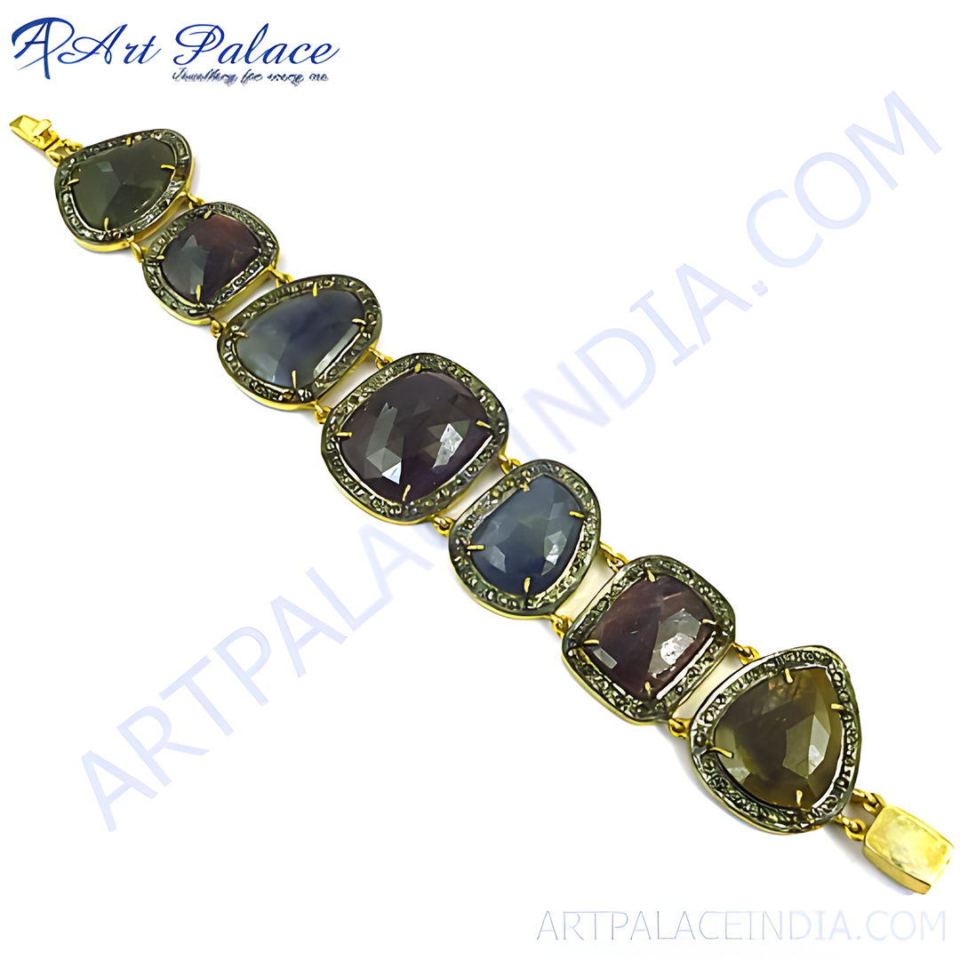 Gold plated bracelet with multi-colored sapphire gemstones.