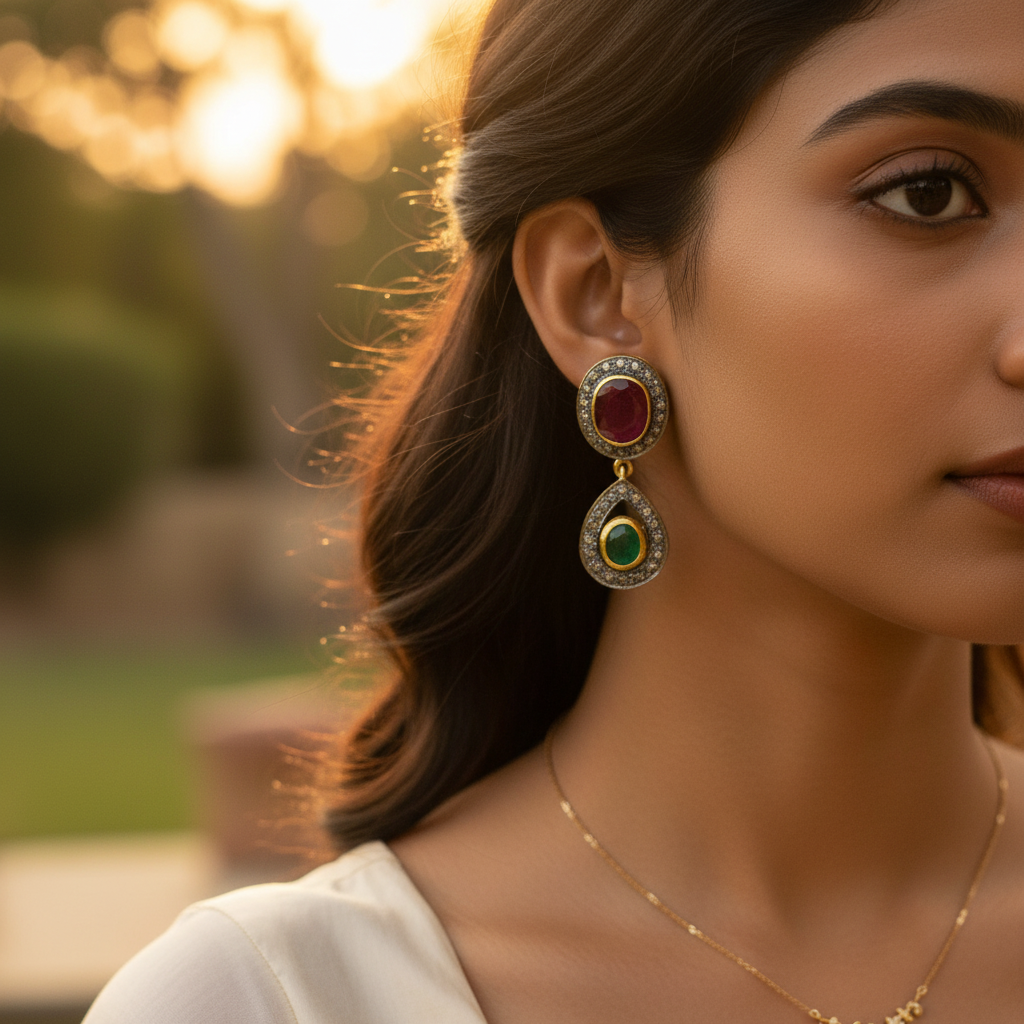 Gold Ruby & Emerald Earrings | Dangle Earrings for Women