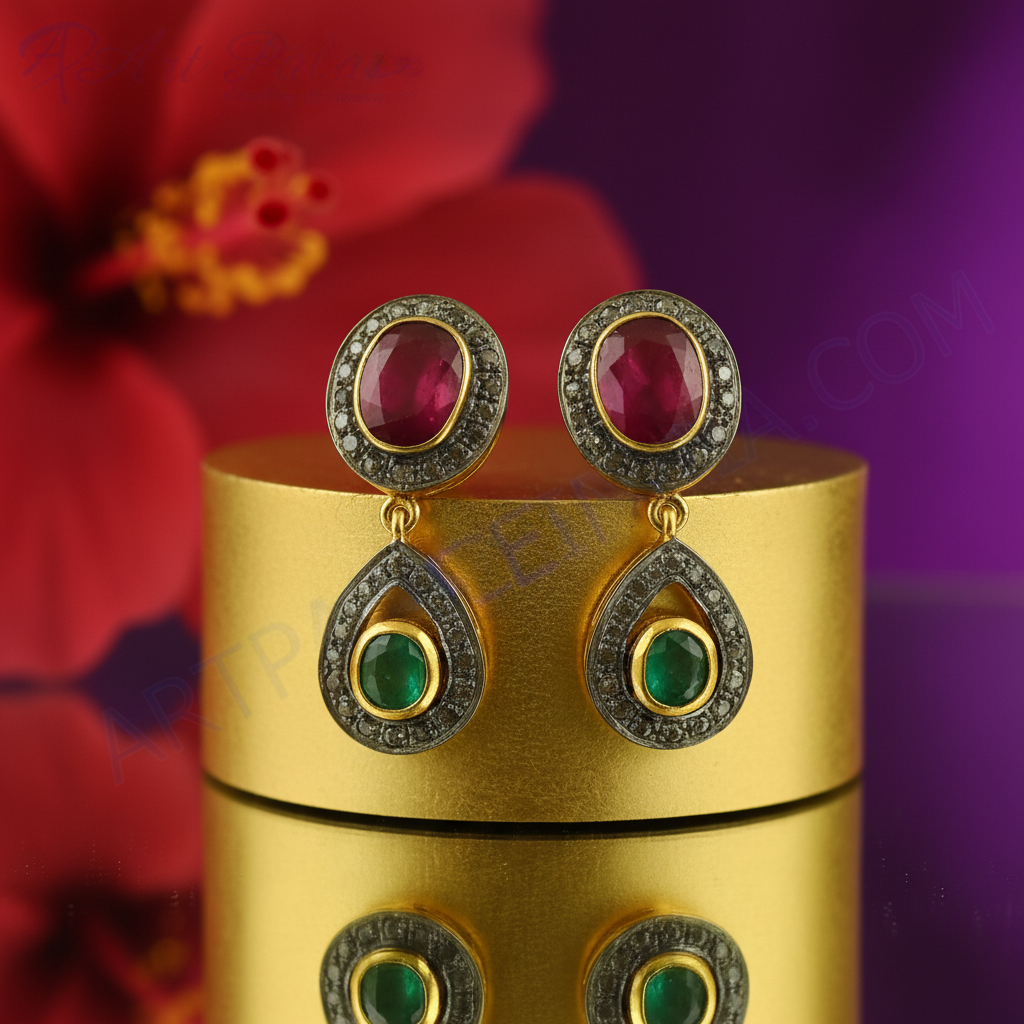 Gold Ruby & Emerald Earrings | Dangle Earrings for Women