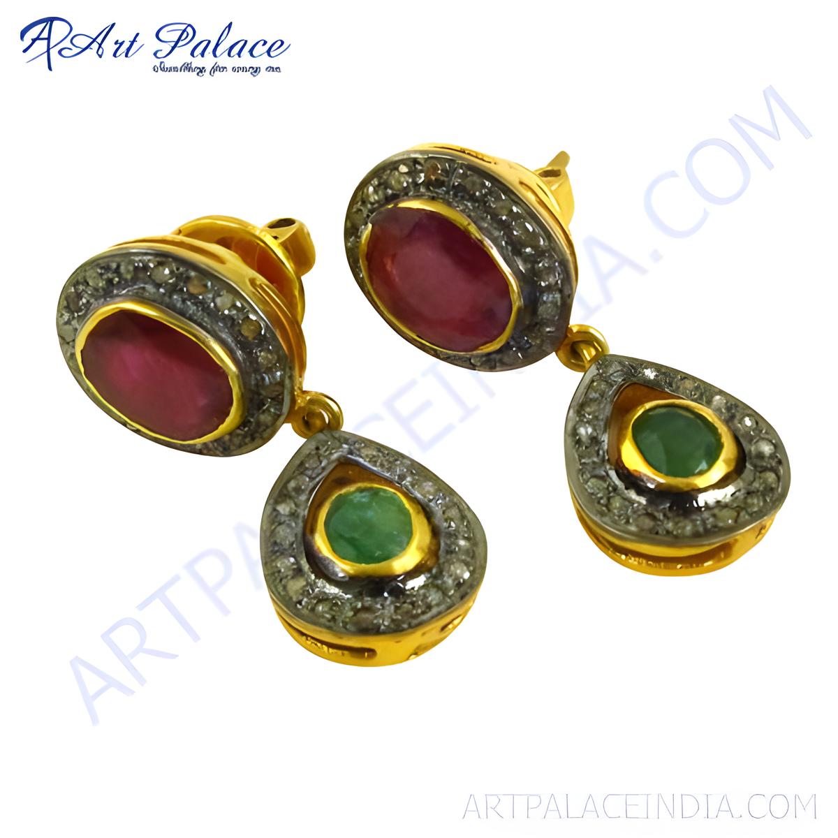 Gold dangle earrings with ruby and emerald gemstones, featuring a teardrop shape