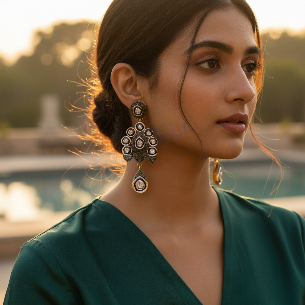 Gold diamond cluster earrings for women | floral design jewelry