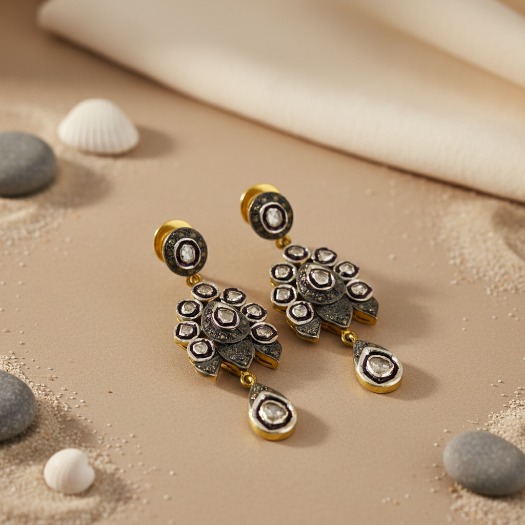 gold plating Diamond Cluster Earrings for Women | Floral Design Jewelry