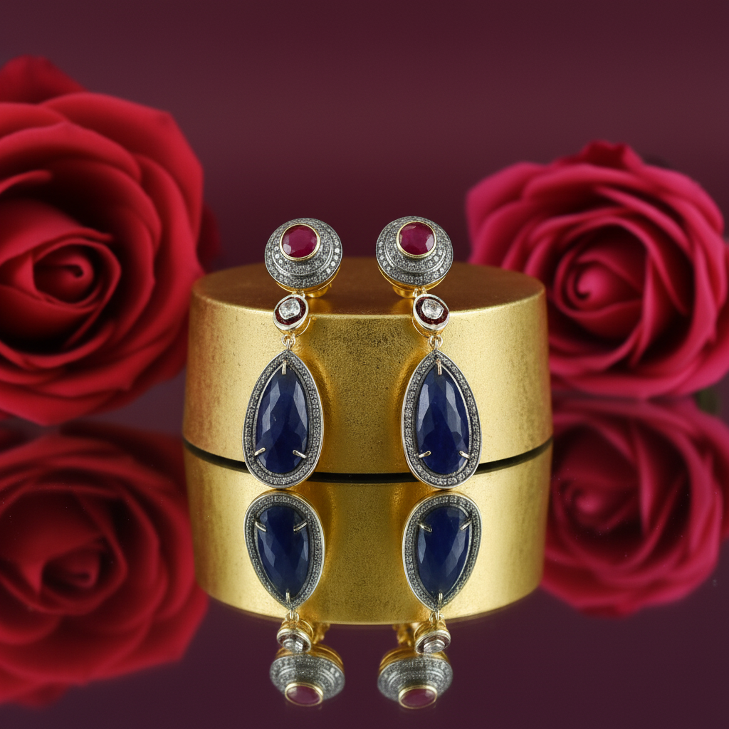 Sapphire & ruby drop earrings | gold plated dangle jewelry