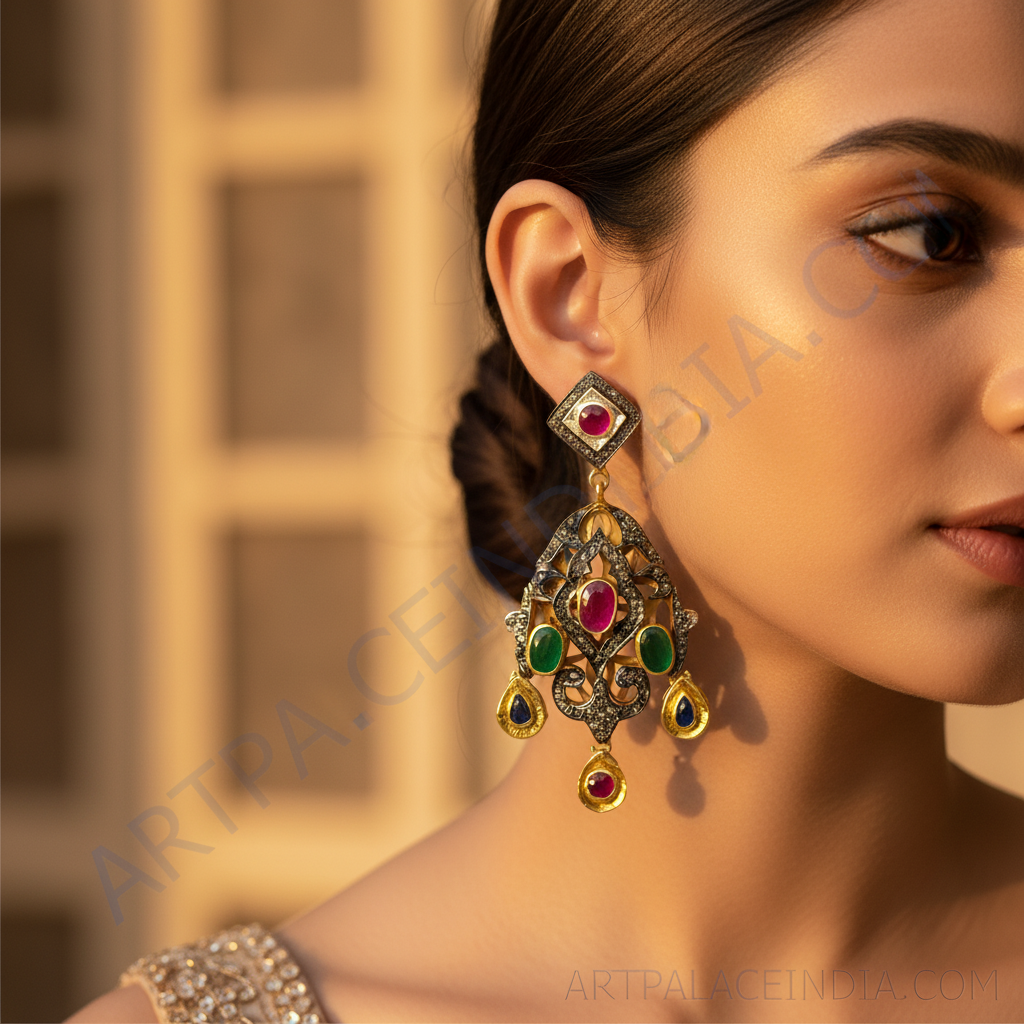 Ruby Emerald Diamond Earrings | Gold Filigree Dangle Earrings