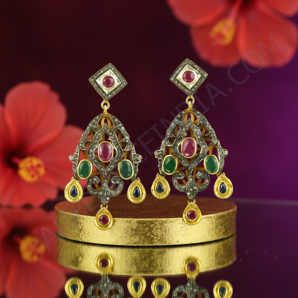 Ruby Emerald Diamond Earrings | Gold Filigree Dangle Earrings
