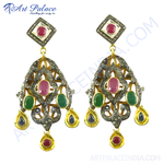 Load image into Gallery viewer, Gold filigree dangle earrings featuring ruby, emerald, and diamond gemstones.
