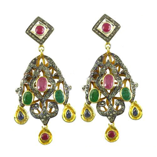 Ruby Emerald Diamond Earrings | gold plating Filigree Dangle Earrings