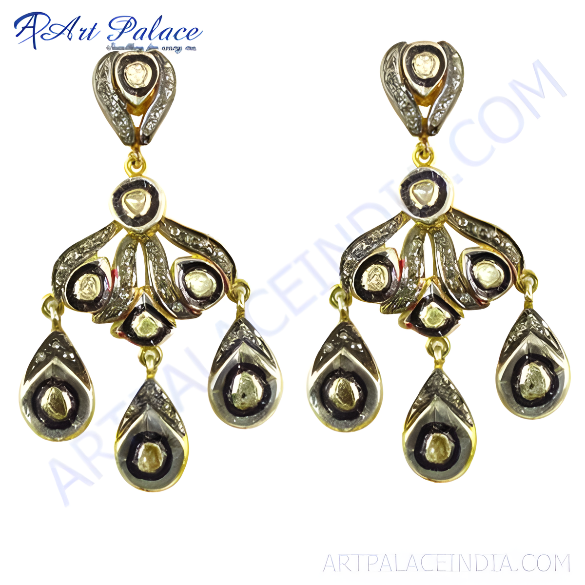Vintage gold chandelier earrings with diamonds, featuring intricate detailing and a dangle design