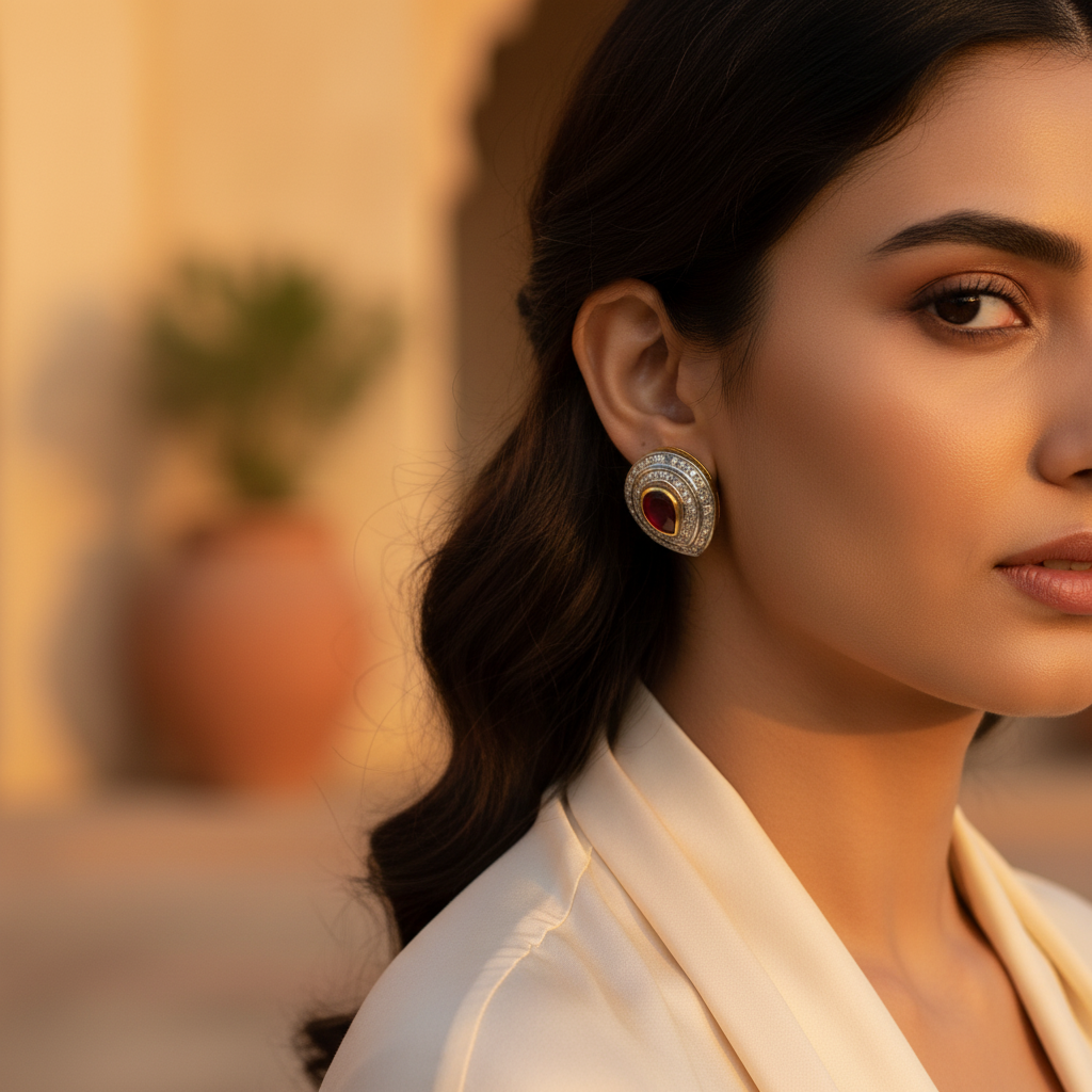 Gold Ruby Stud Earrings with Diamond Accents | Gift for Her