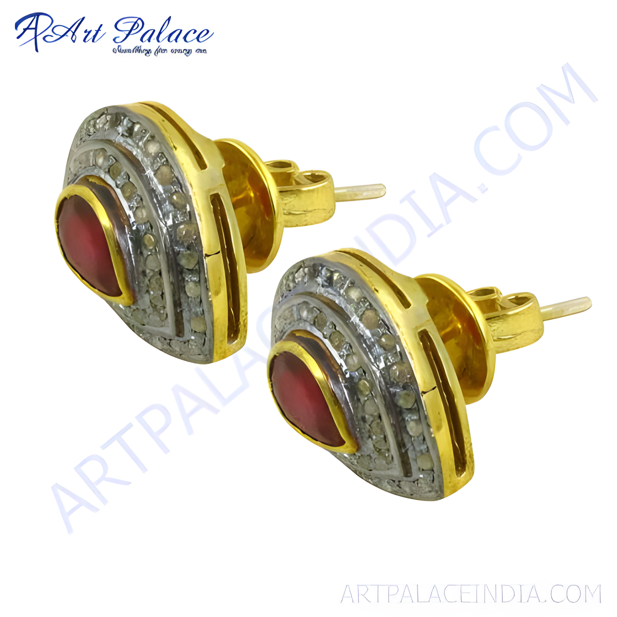 Gold stud earrings with ruby center and diamond accents, a luxurious and elegant design