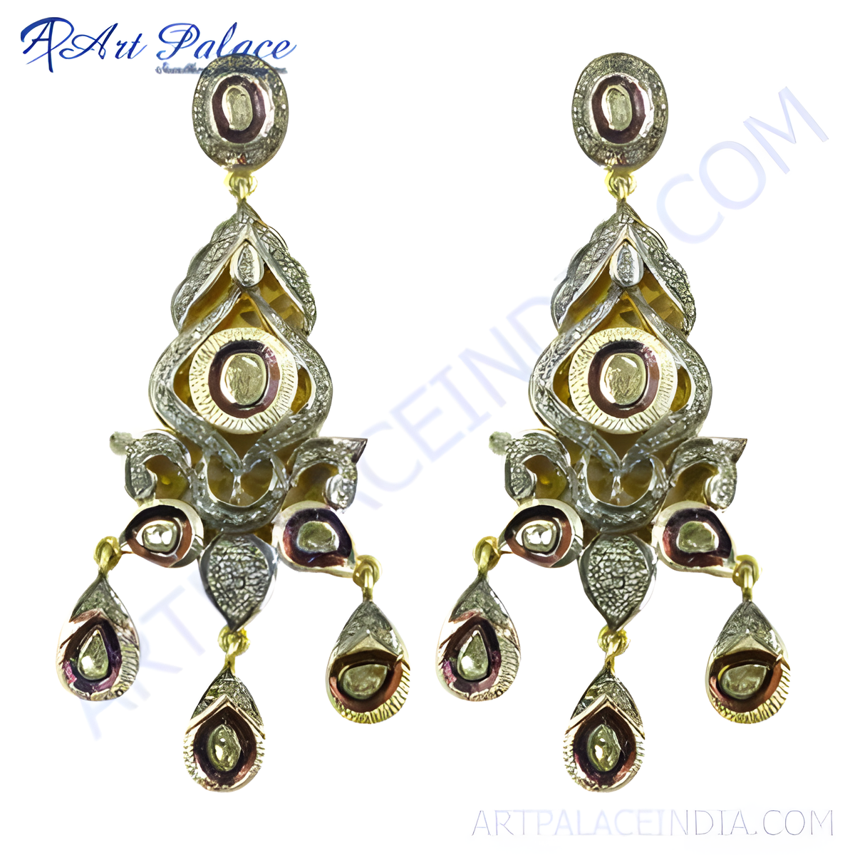 Gold and diamond dangle earrings featuring a unique design with intricate detailing and gemstone accents