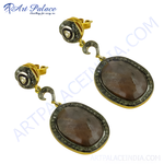 Load image into Gallery viewer, Gold drop earrings with brown stone and diamond accents.
