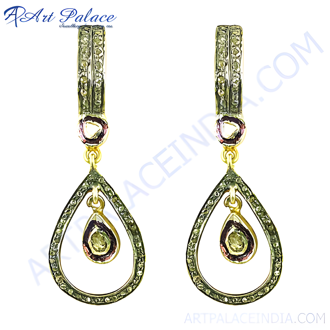 Gold teardrop dangle earrings with a central gemstone and encrusted accents, perfect for women.