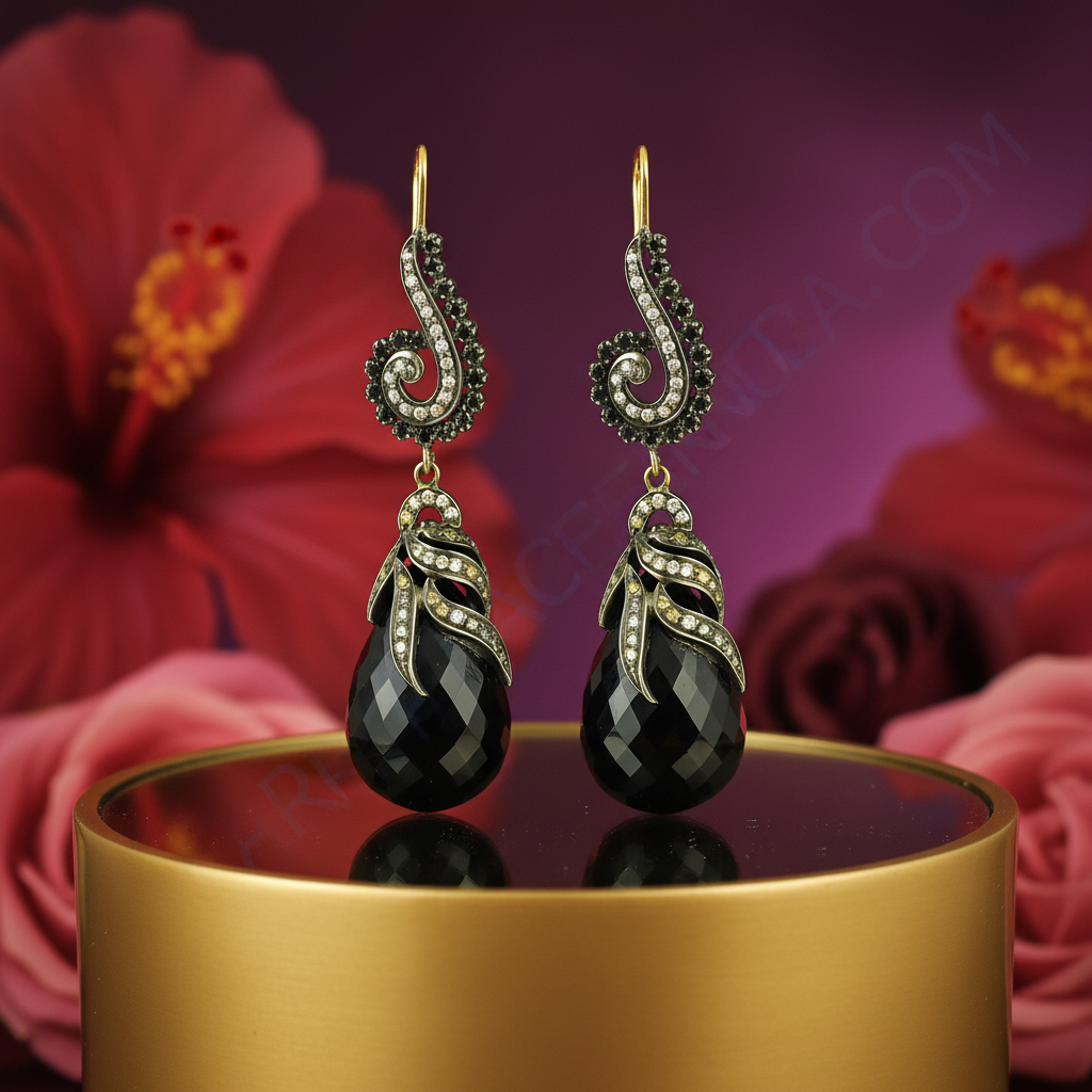 Black onyx drop earrings for women | statement jewelry