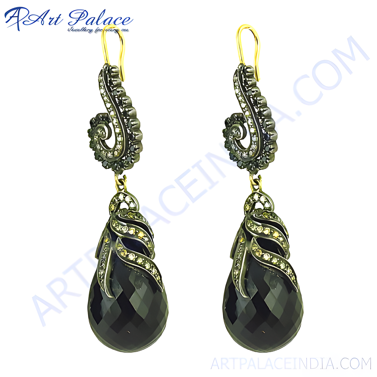 Black onyx drop earrings with a detailed design, showcasing the gemstone and the intricate metalwork